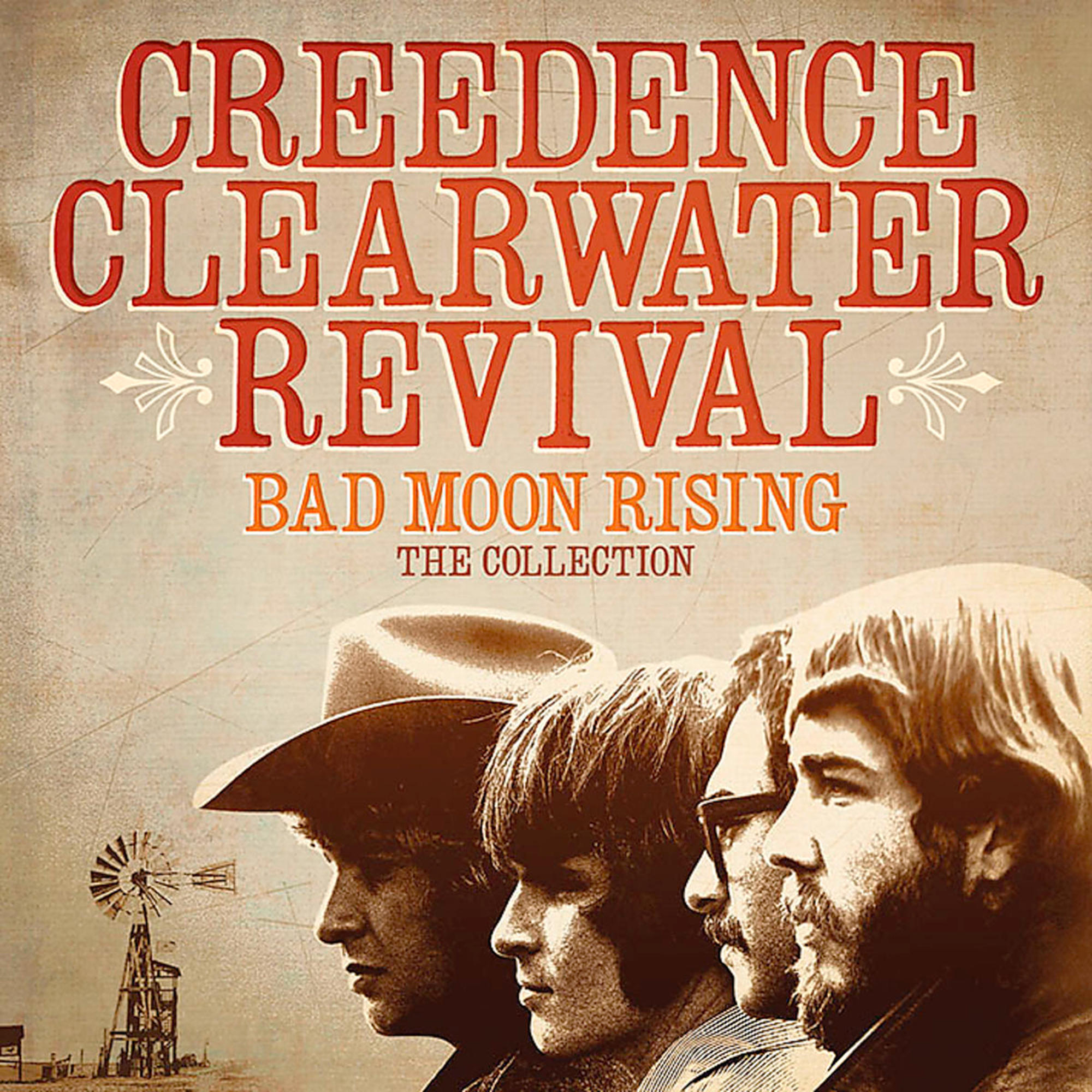Albumhoes: Creedence Clearwater Revival, bandleden, bruine achtergrond.