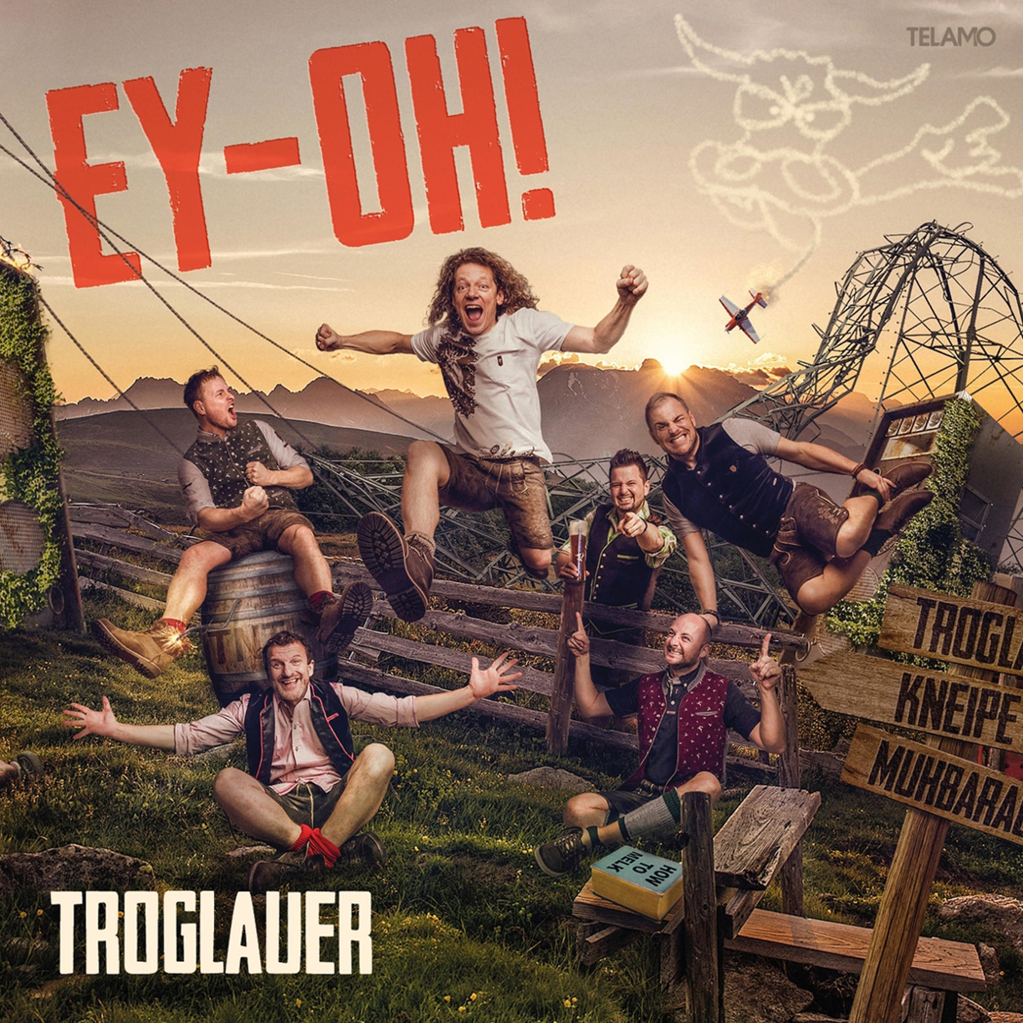 Albumcover mit sechs springenden Personen und einem Cartoon-Bullen mit deutschem Text.