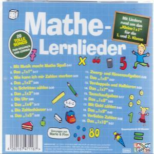 CD-Cover mit dem Titel 'Mathe-Lernlieder' und Illustrationen mathematischer Symbole.