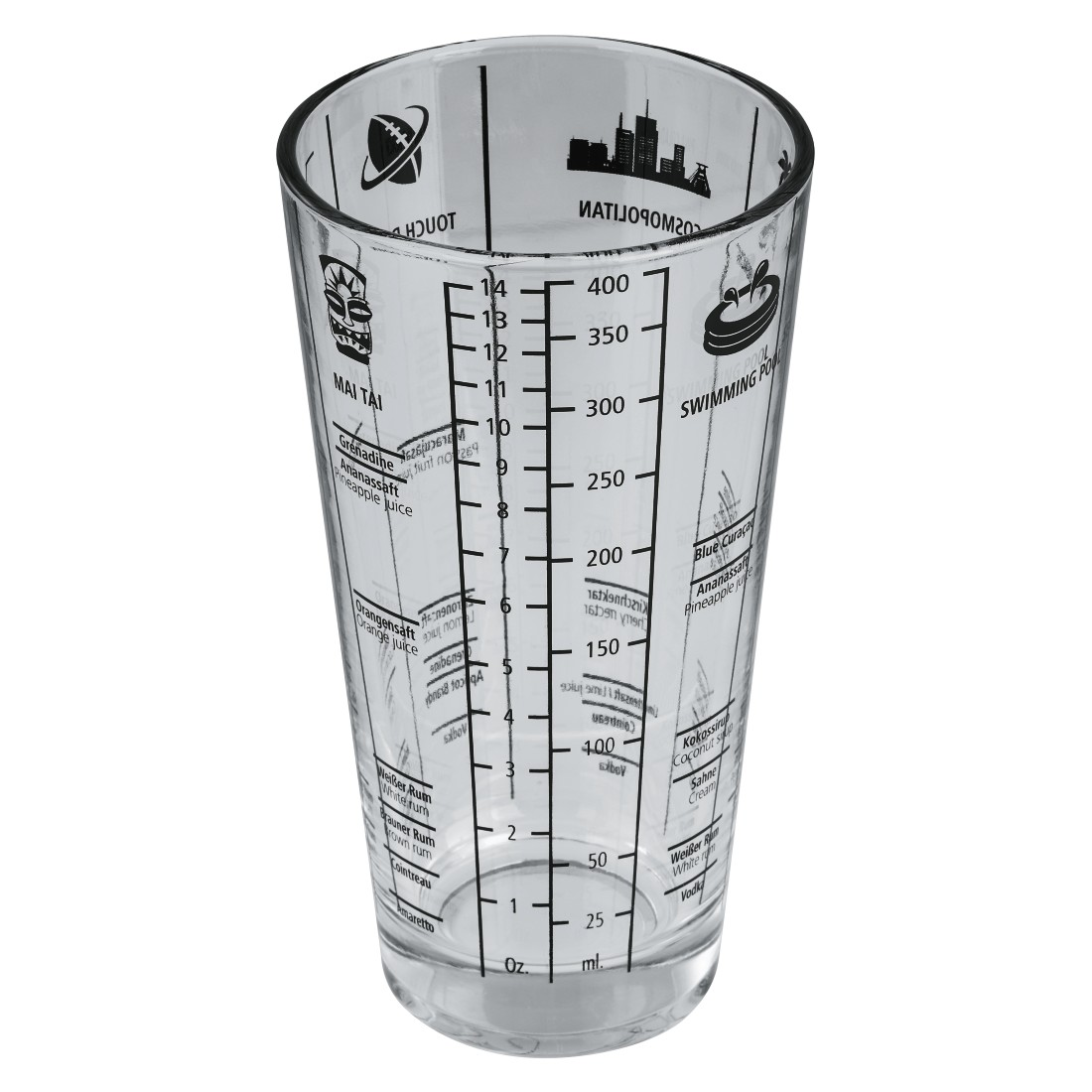 Verre doseur transparent avec des marques noires pour les mesures et les noms des boissons.
