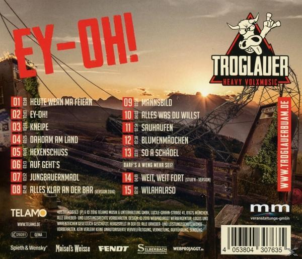 Albumcover mit Text, Titelliste und Bild einer ländlichen Landschaft, eine Kuh-Grafik.