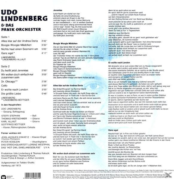 Eine Vintage-Schallplatte mit deutschem Text auf der Rückseite. Es gibt ein Bild des Künstlers Udo Lindenberg.