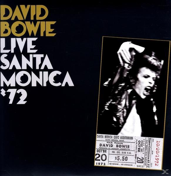 David Bowie Live Santa Monica '72 Albumcover. Enthält einen Ticket-Abschnitt und schwarzen Hintergrund.