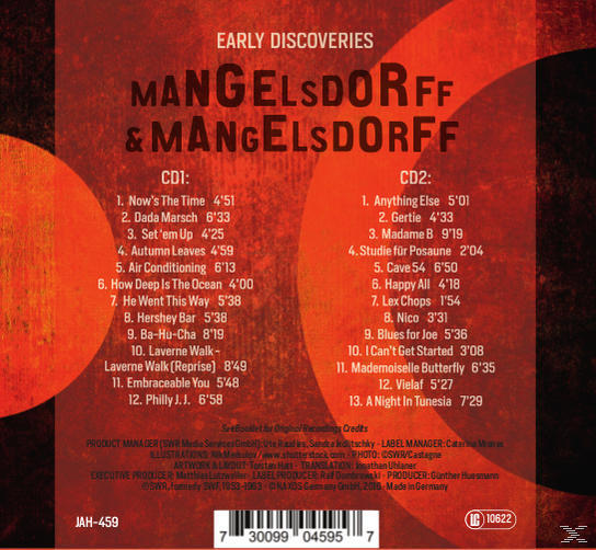 CD-Cover mit Titelliste und Text in Englisch, rotem und orangem Hintergrund.