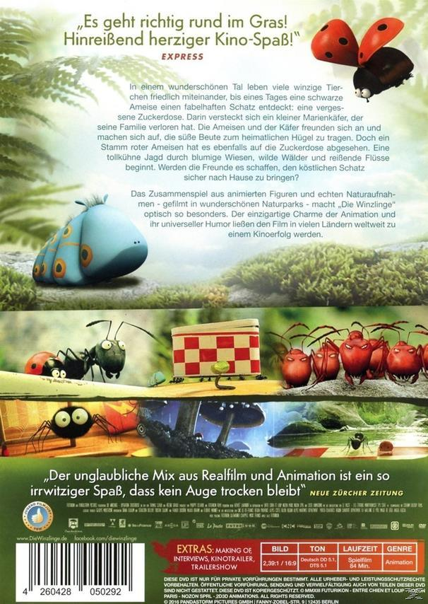 DVD-Cover von 'Die Winzlinge', Zeichentrickameisen und Marienkäfer vor einer Naturszene.