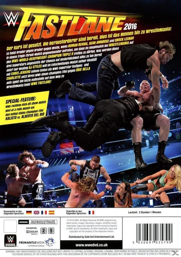 DVD-Cover. Wrestler in Aktion, Text: WWE Fastlane 2016.