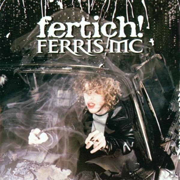 Albumcover für Fertich! Ferris MC mit einem Gesicht eines Mannes in einem Autofenster.