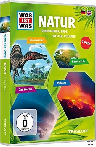 DVD-Hülle mit Bildern von Dinosauriern, Erde, Wetter und Vulkanen, mit deutschem Text.