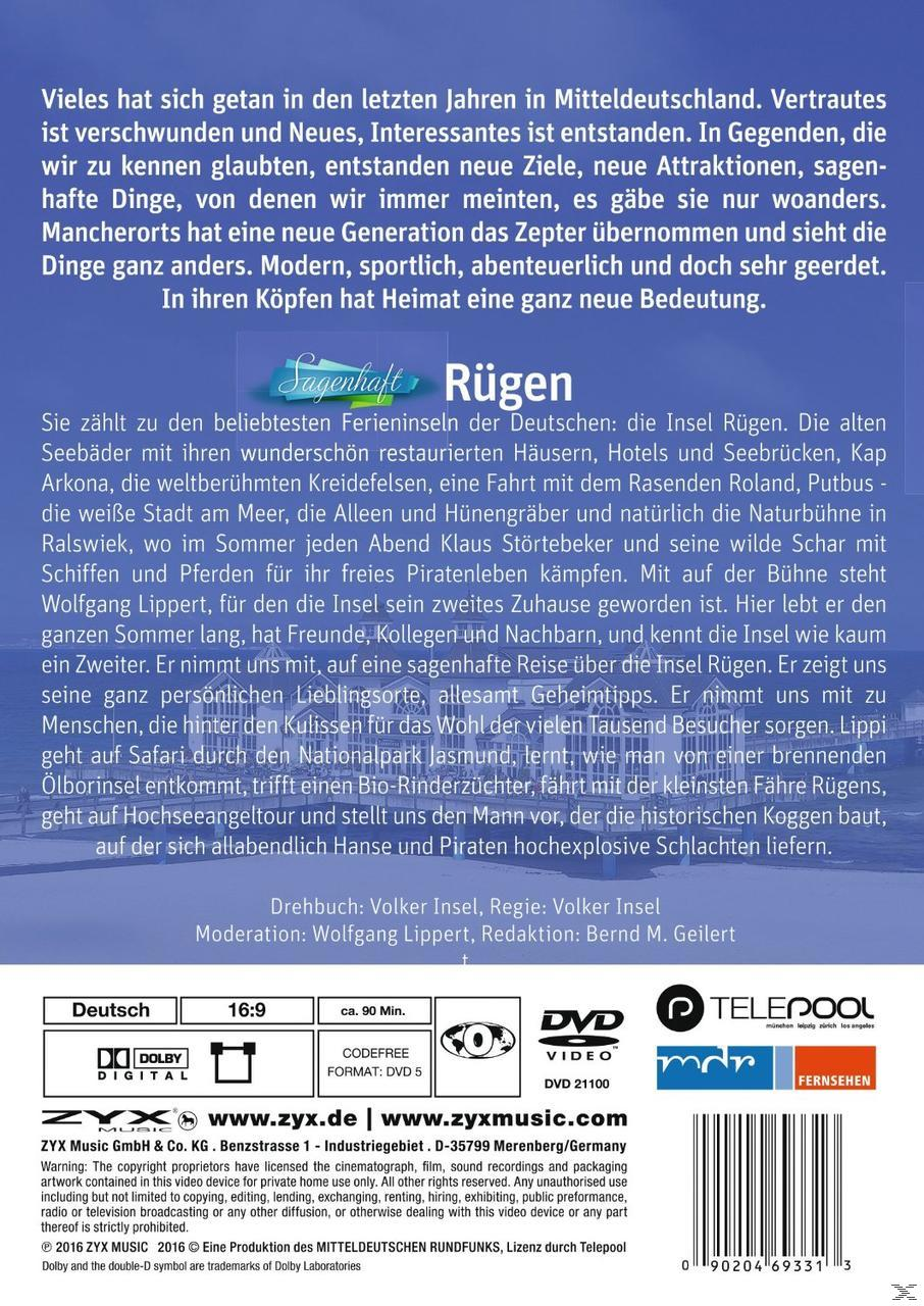 Ein DVD-Cover, das einen Mann im Anzug mit einer Gruppe von Musikern und die Worte 'Sagenhaft Rügen' zeigt.