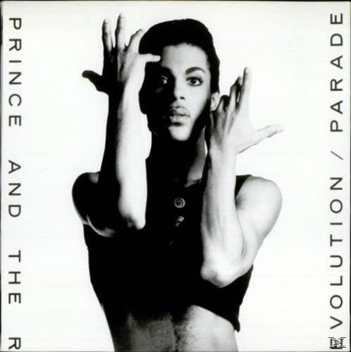 Albumcover mit Prince. Er trägt ein schwarzes Oberteil und hat die Arme erhoben. Der Titel lautet "PRINCE AND THE REVOLUTION / PARADE".