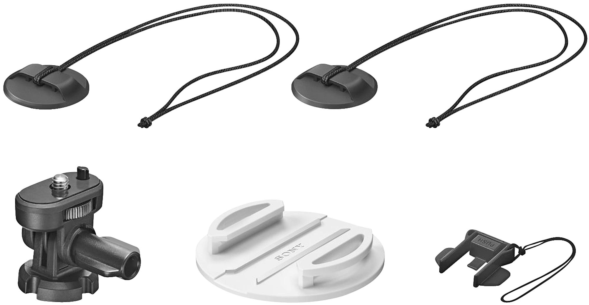 Divers accessoires pour appareil photo : supports, sangles et une petite pince. Tout est noir.