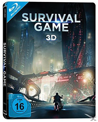 Blu-ray-Hülle für 'Survival Game' mit futuristischer Stadt, Motorrad und Titeltext. Bewertung FSK 16.