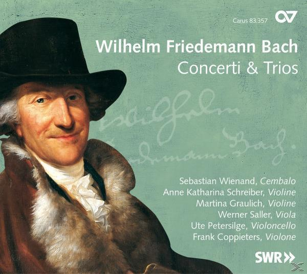 CD-Cover mit einem Gemälde von Wilhelm Friedemann Bach, mit Text und Namen auf grünem Hintergrund.