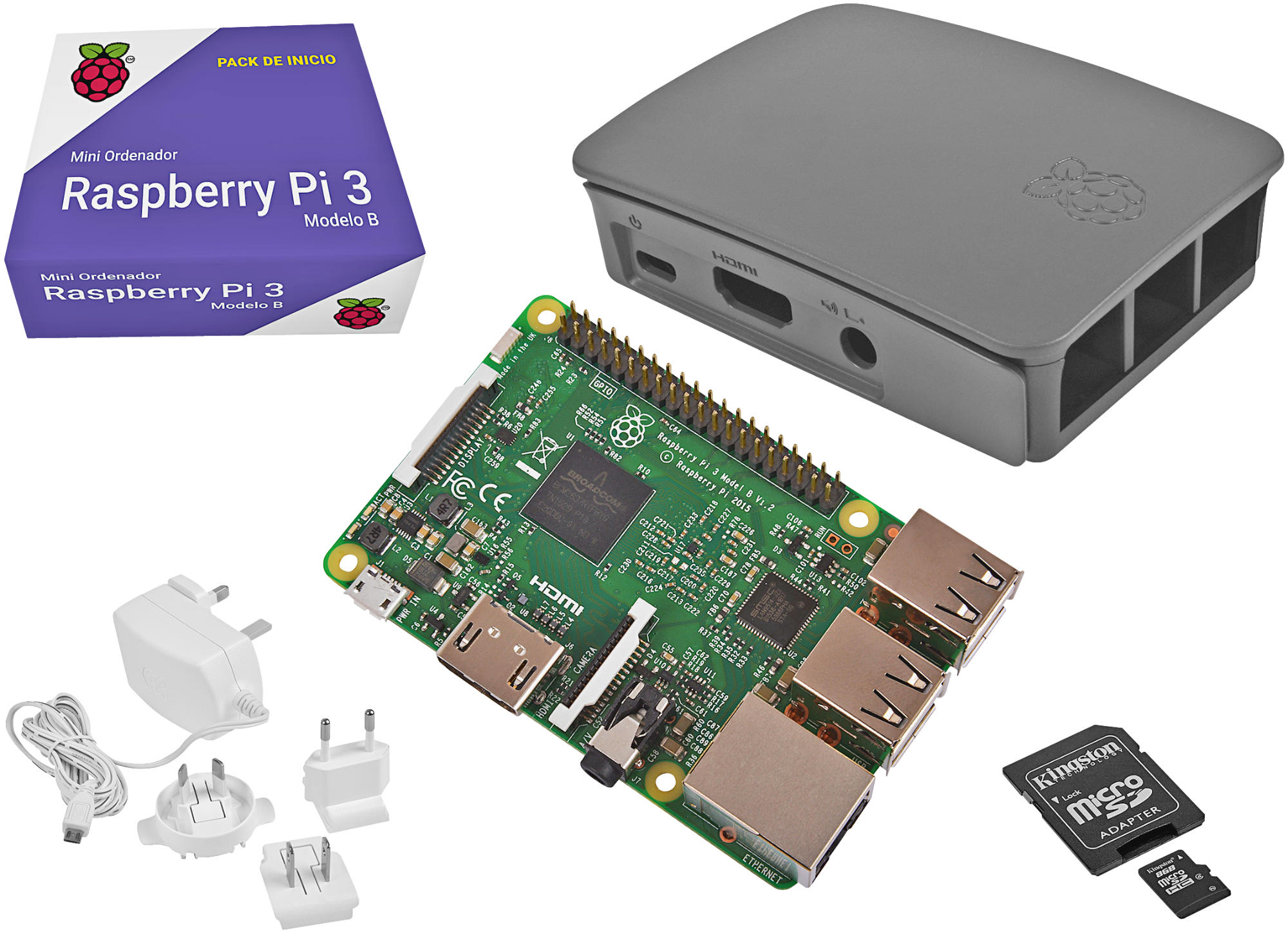 Pack Mini PC - Raspberry Pi 3 Modelo B + MicroSD 8GB + Caja negra y gris + Fuente de alimentación