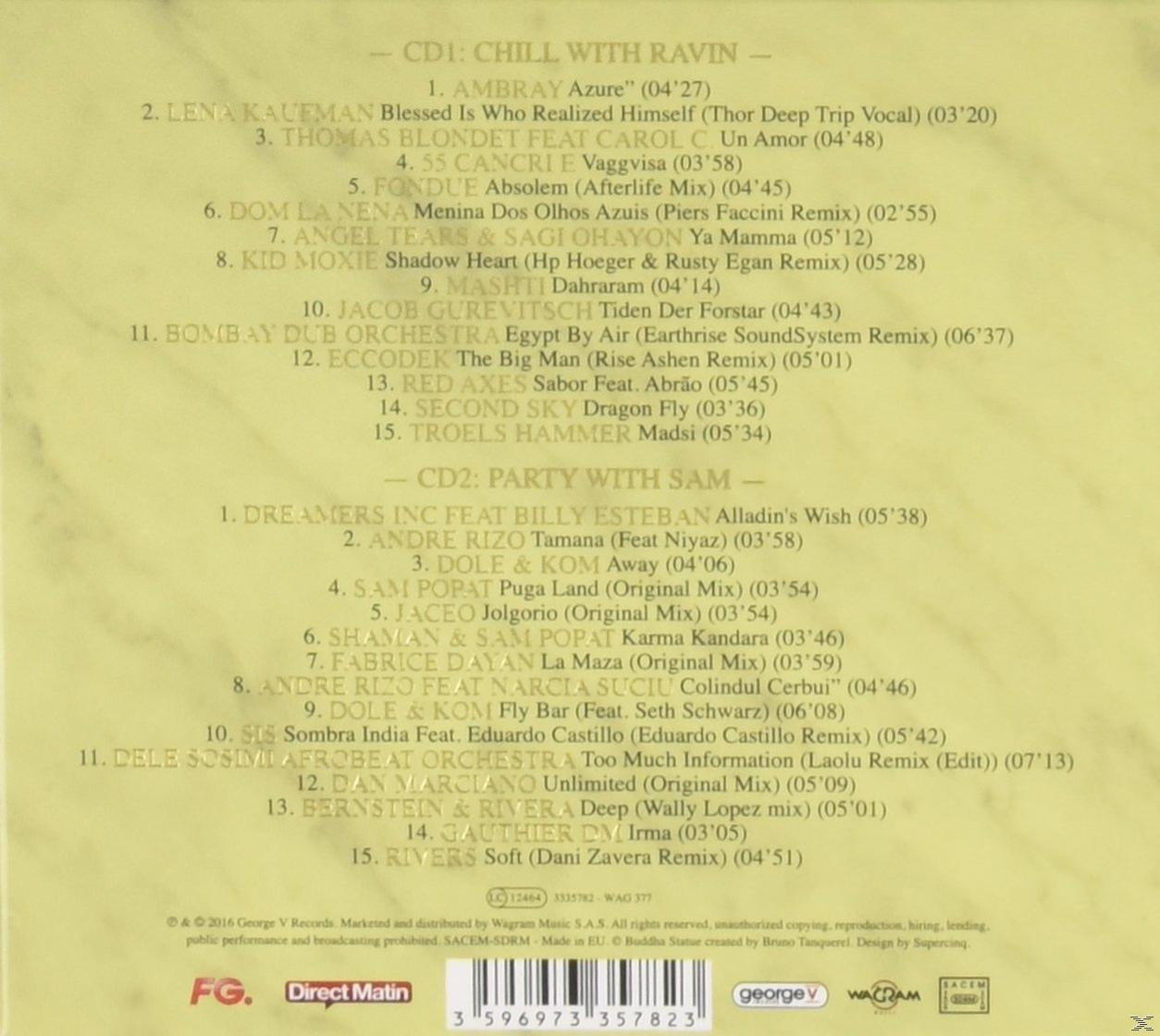 CD-Cover mit Titelliste, betitelt 'Chill with Ravin' und 'Party with Sam', mit verschiedenen Songtiteln.