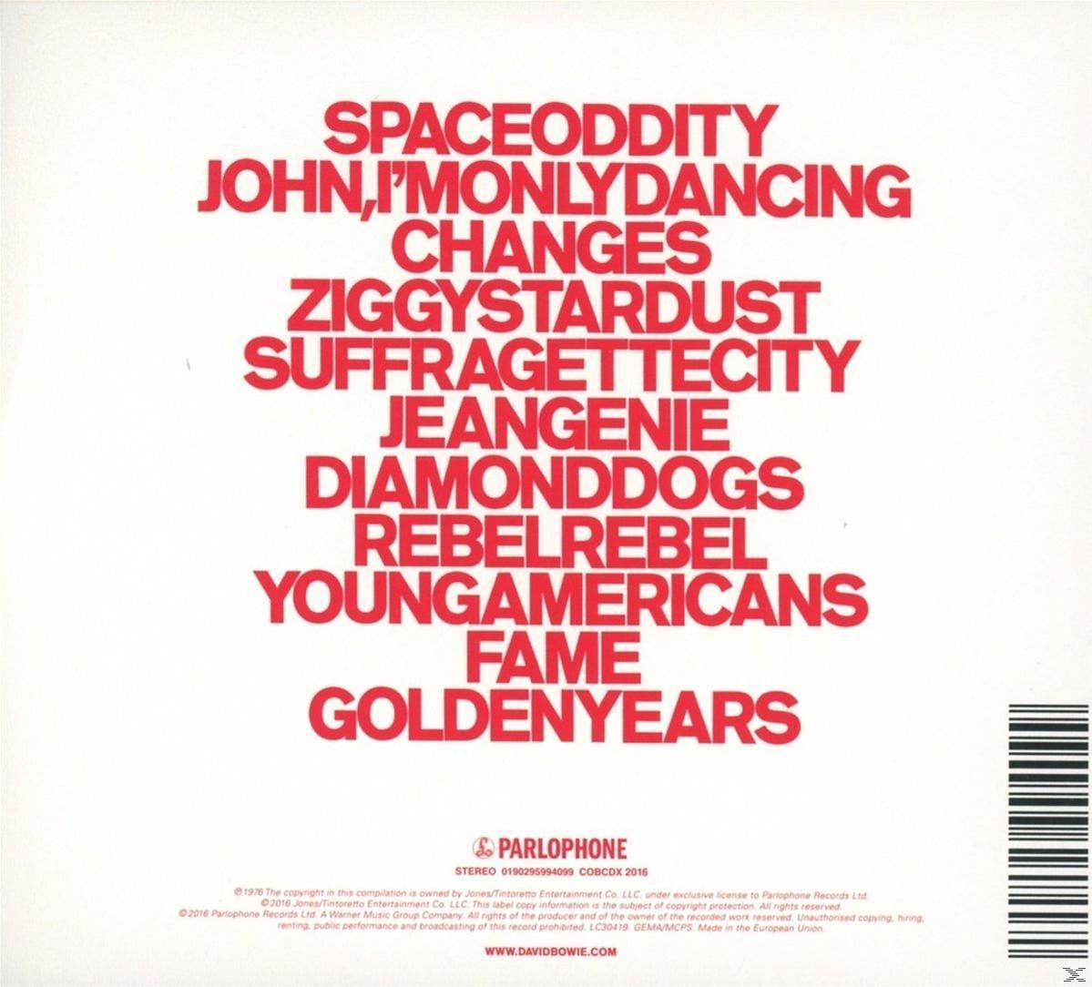 Album borítója piros betűkkel, olyan dalcímekkel, mint a Space Oddity és a Ziggy Stardust. Parlophone logó és vonalkód látható.