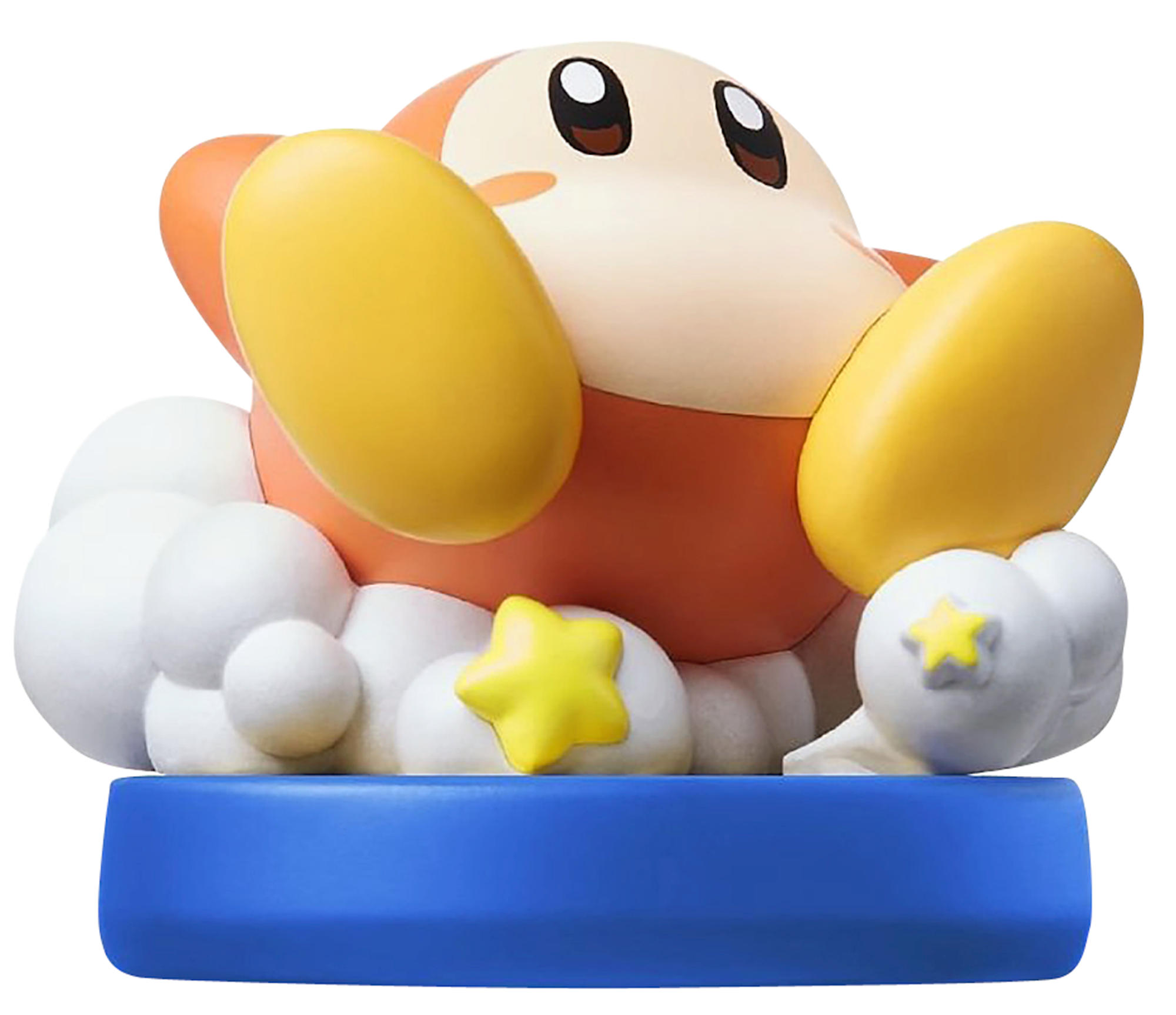 Figura de Kirby con brazos extendidos sobre una base de nube y estrellas.
