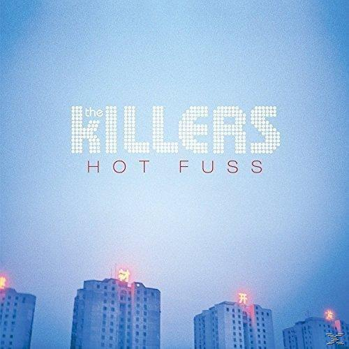 Albumcover für The Killers, Hot Fuss. Weißer Text auf blauem Hintergrund. Skyline.