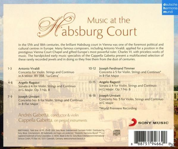 A 'Music at the Habsburg Court' című CD hátlapja, szöveggel és egy Sony Music logóval.