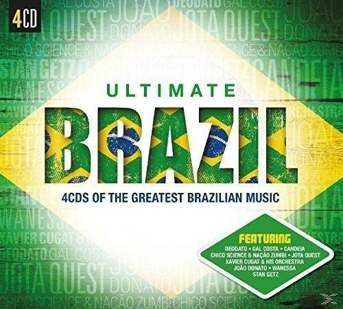 CD-Cover mit dem Titel 'ULTIMATE BRAZIL'. Das Wort 'BRAZIL' verwendet die Farben der brasilianischen Flagge. Enthält Künstlernamen und '4CDs'.