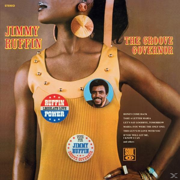Album borító: Nő sárga ruhában, gombokkal és jelvényekkel. Szöveg: 'Jimmy Ruffin, The Groove Governor'.