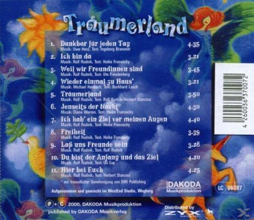Rückseite einer CD mit Songtiteln. Das Cover hat einen blauen Hintergrund mit Zeichentrickfiguren.