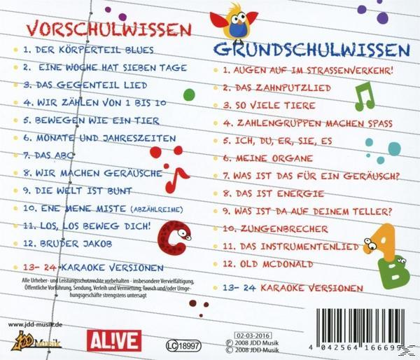 Rückseite einer Kinder-CD mit farbenfrohem Text und Bildern zu Schulthemen.