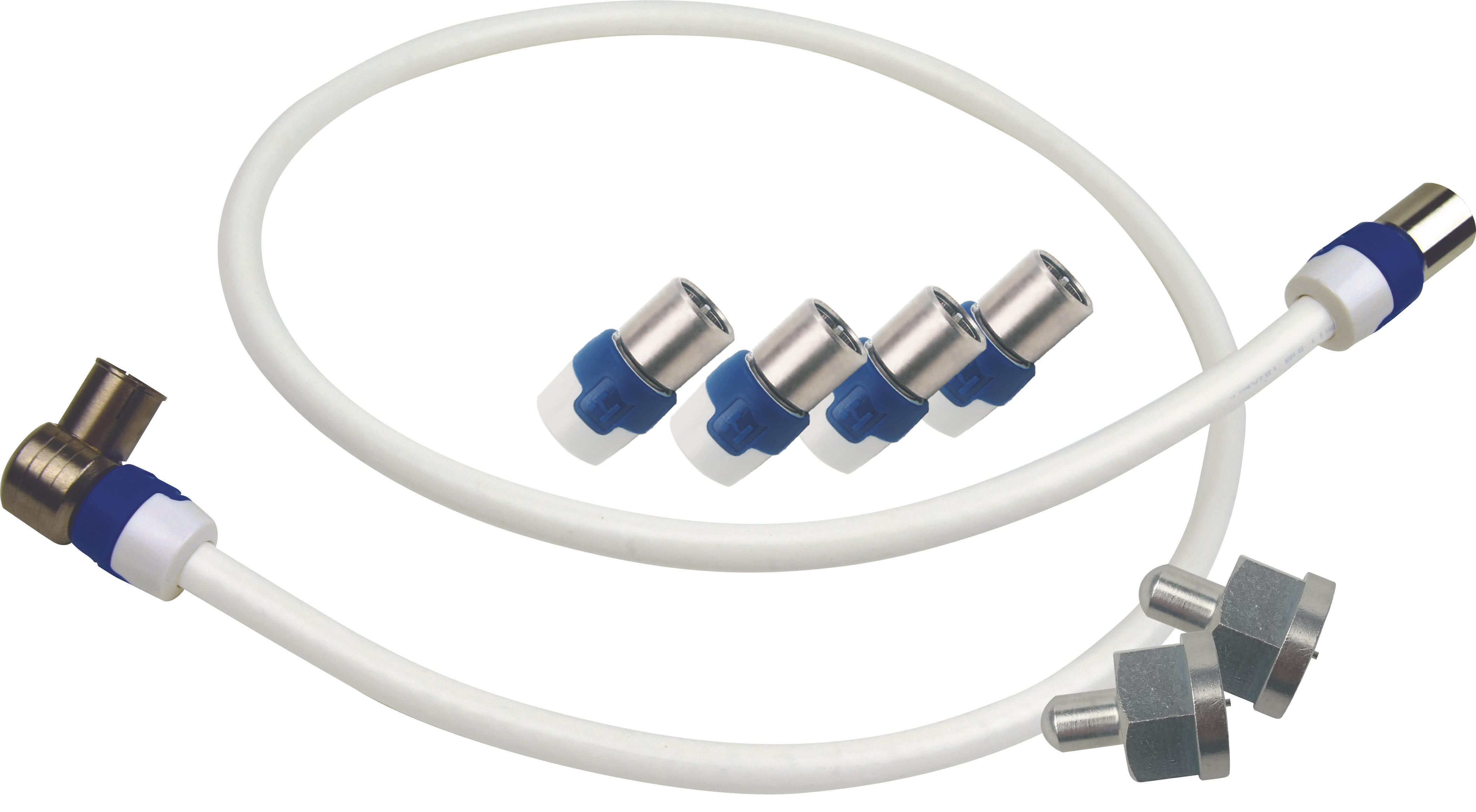 White cable with connectors, including multiple blue and silver coaxial connectors. The connectors are angled.