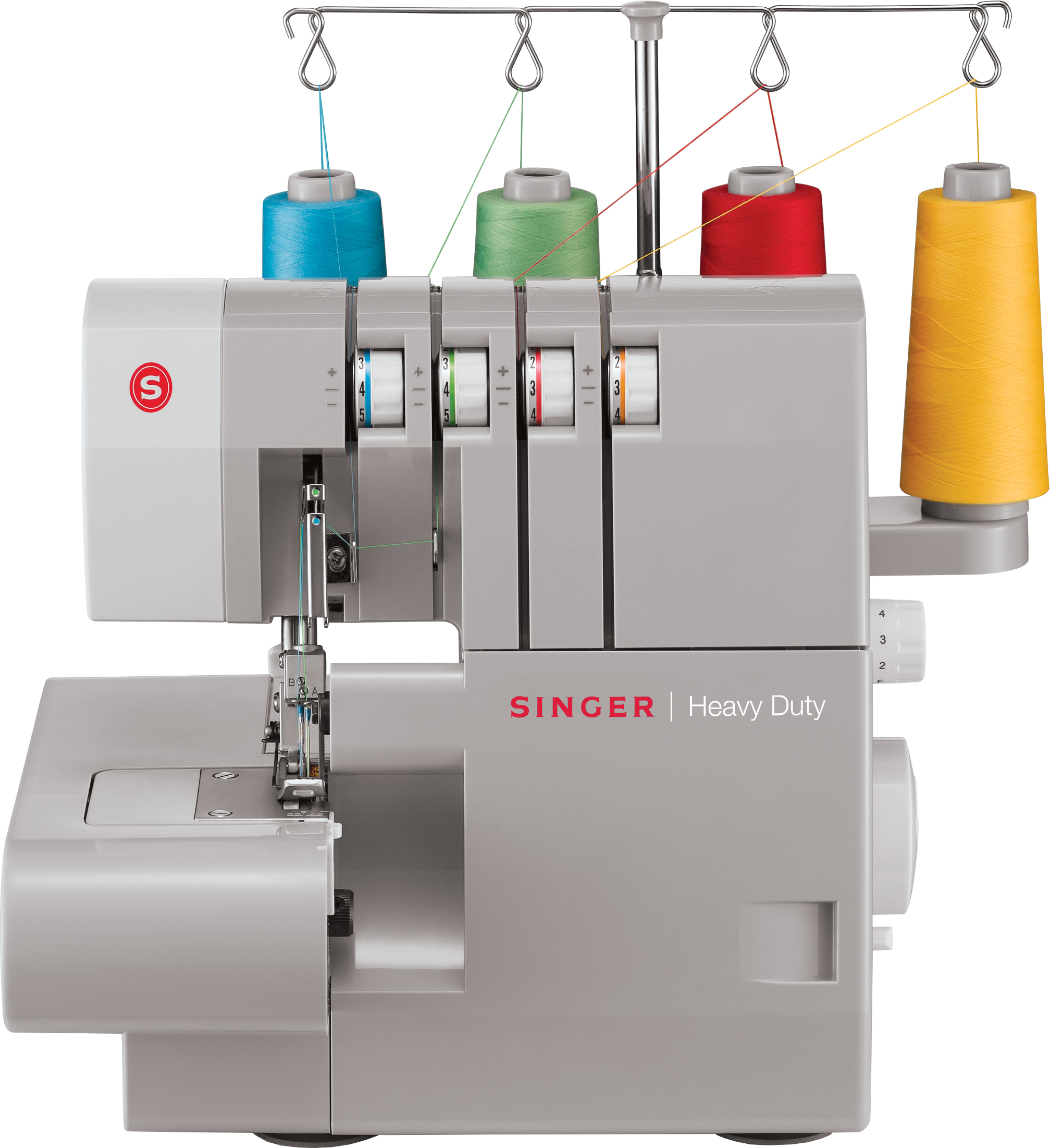 Eine graue Singer-Nähmaschine. Sie hat mehrere Garnrollen darüber und ist mit 'Heavy Duty' beschriftet.