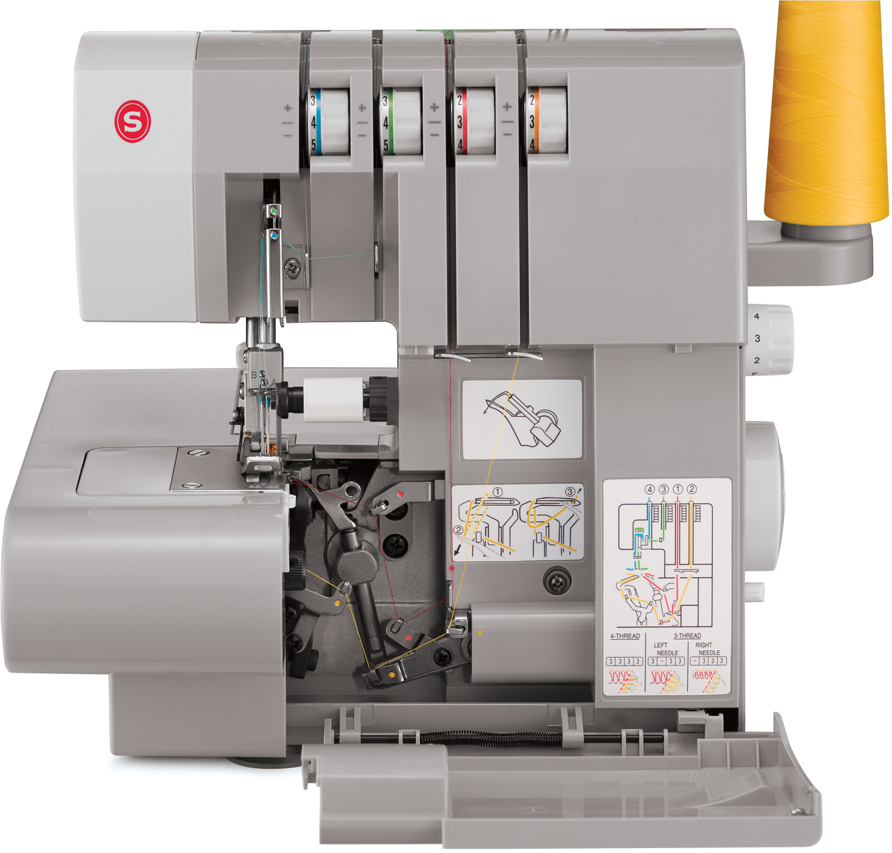 Eine Nähmaschine mit mehreren Fadenspulen und detaillierten Innenmechanismen.