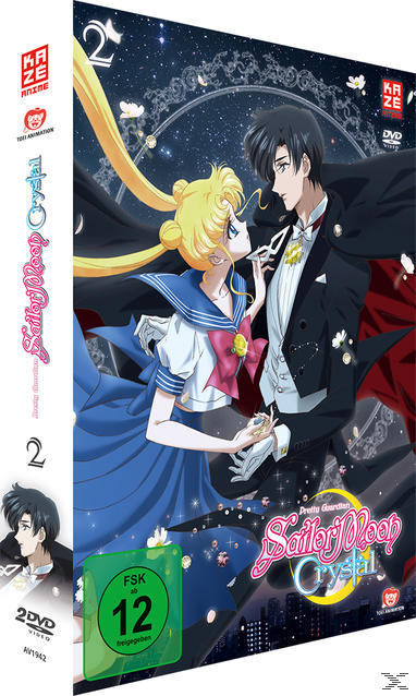 Anime-DVD-Cover. Sailor Moon Crystal, die Charaktere Sailor Moon und Tuxedo Mask, mit Stadtkulisse.