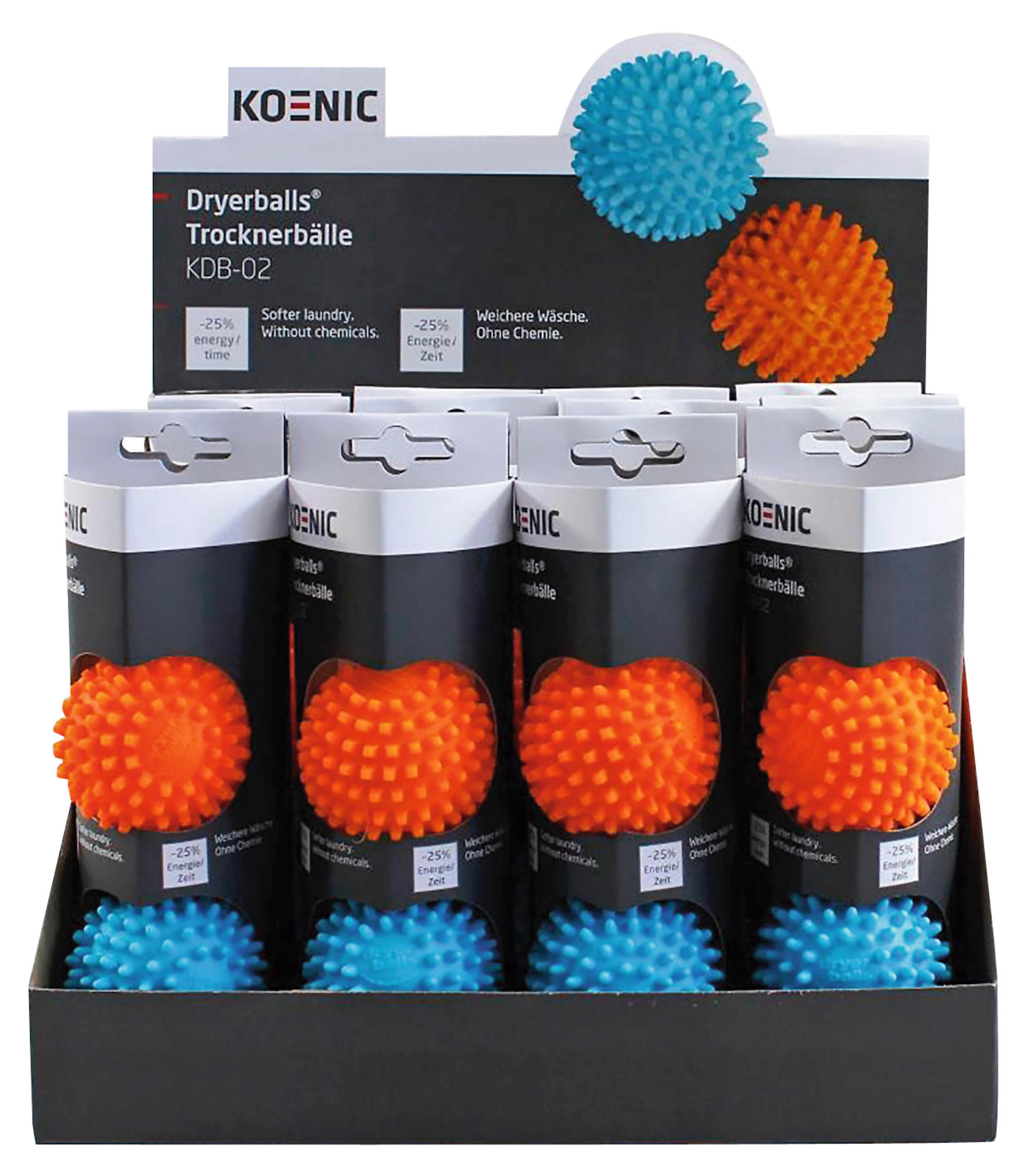 Präsentation von Trocknerbällen in einem Karton. Bälle sind orange und blau, mit Produktinformationen.