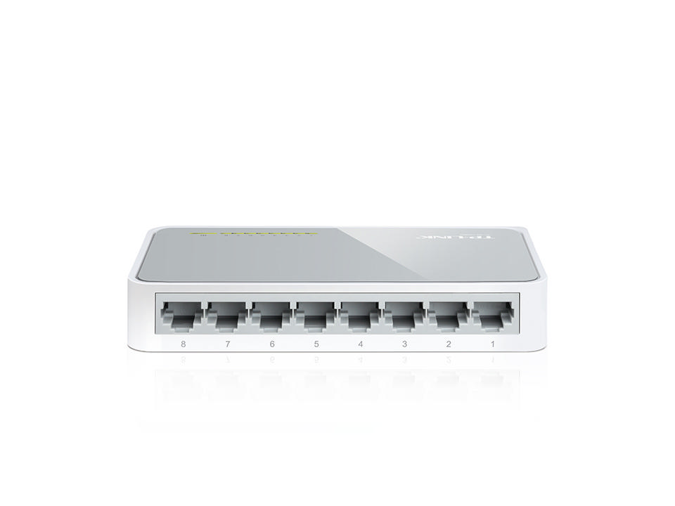 Numaralandırılmış bağlantı noktalarına sahip beyaz bir TP-Link 8 portlu gigabit ethernet anahtarı.
