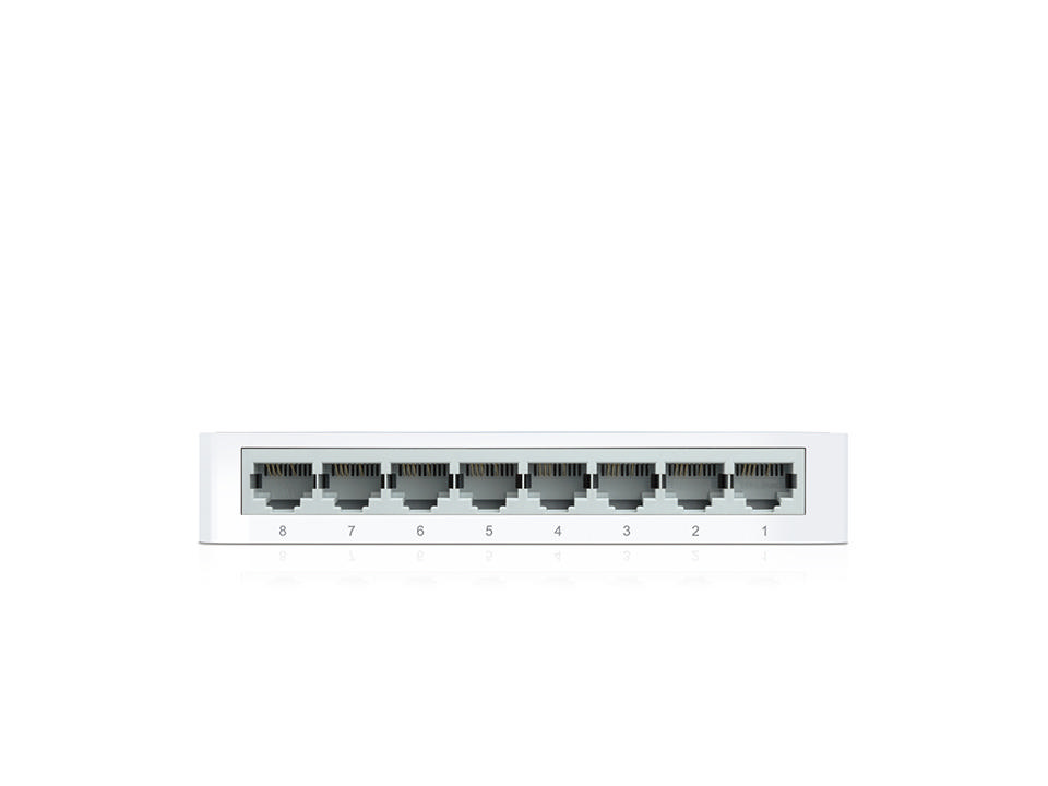 Sekiz numaralı Ethernet portuna sahip beyaz bir ağ anahtarı.