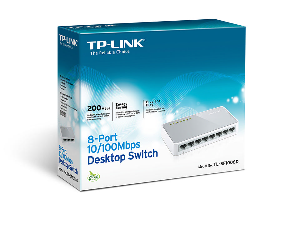 TP-Link 8-Port Masaüstü Switch kutusu. Beyaz ve mavi. Switch'i ve bazı özelliklerini gösterir.