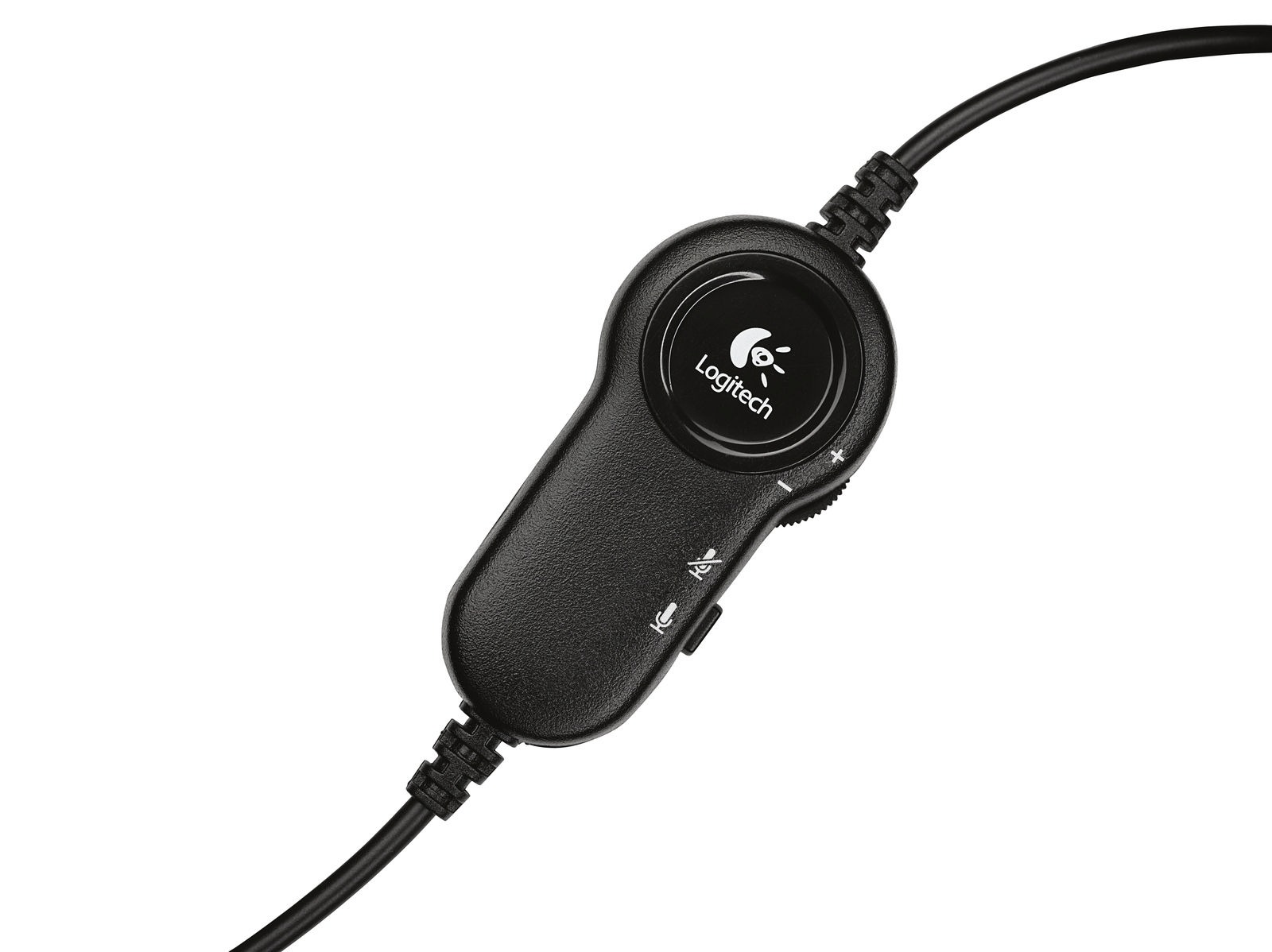 A Logitech headset vezérlőjének közeli képe. Hangerőszabályzóval, némító gombbal és mikrofon szimbólummal rendelkezik.