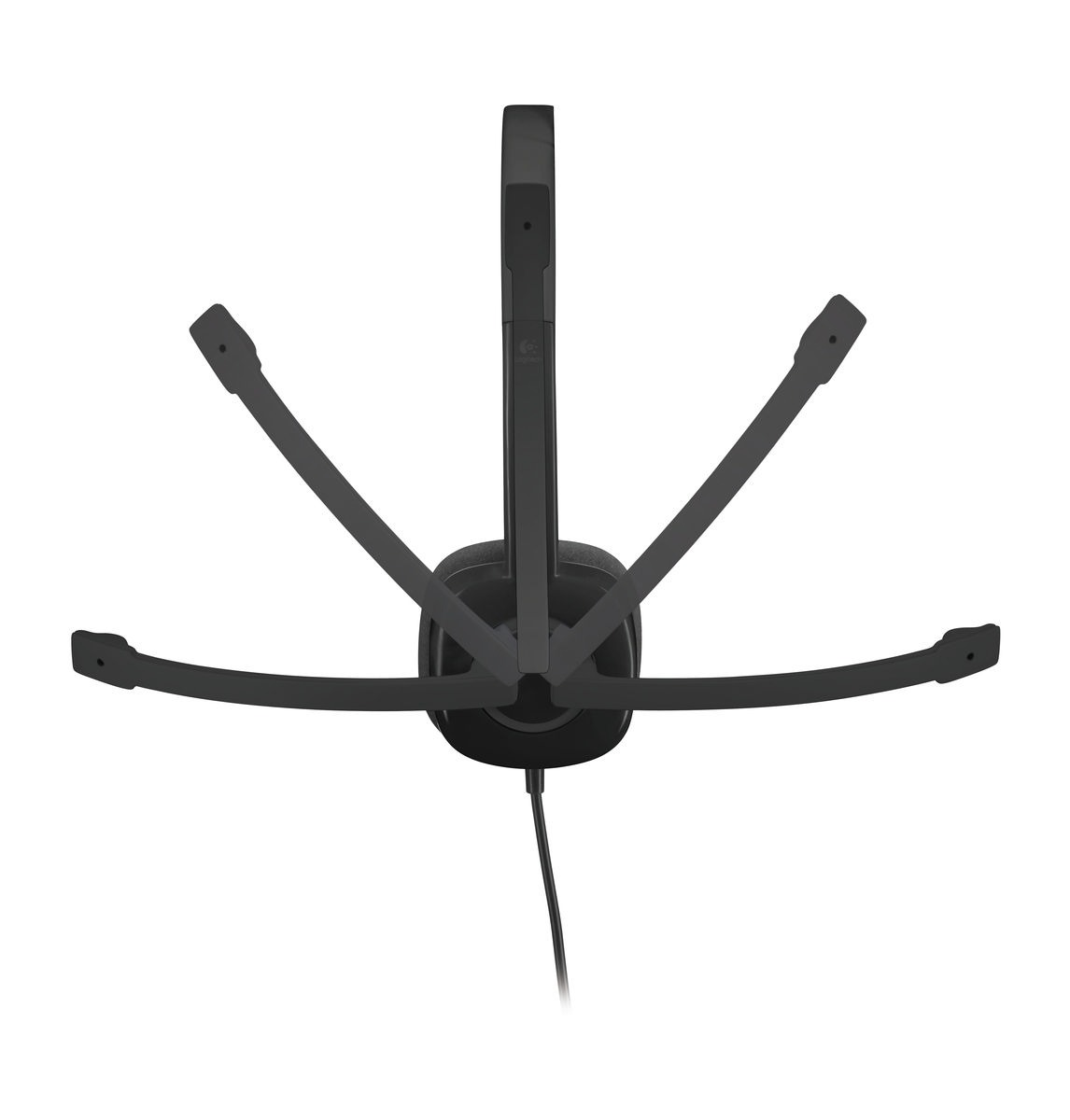Fekete headset több mikrofonnal. A mikrofonok különböző pozíciókban, kinyúlva helyezkednek el.