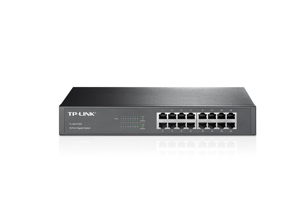 Siyah TP-Link 16 portlu gigabit anahtar. Ön kısım bağlantı noktalarını gösterir. Güç ve bağlantı ışıkları görünür.