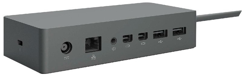 Szara stacja dokująca z portami zasilania, Ethernet, audio, USB-C i USB-A.