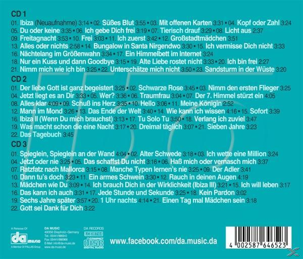 CD-Rückseite mit einer Liste deutscher Songtitel in drei Spalten, mit blauem Hintergrund.
