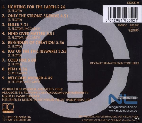 CD-Rückseite mit Titelliste. Ein großes 'O' mit einem Strich hindurch. Text in Englisch.