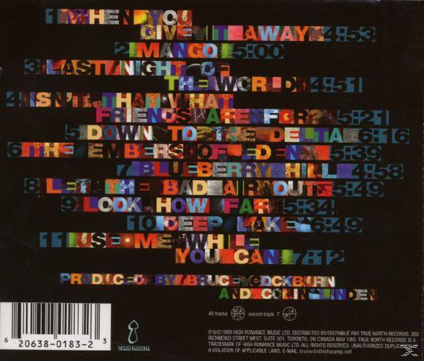 CD-Cover mit farbenfrohem Design, Titelliste auf der Rückseite, verschiedene Farben, schwarzer Hintergrund.