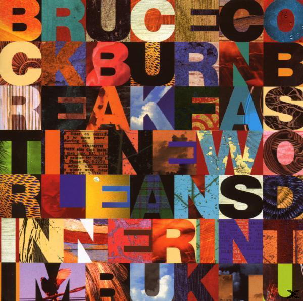 Albumcover mit Text in verschiedenen Schriftarten und Farben: Bruce Cockburn, Breakfast in New Orleans, Jeans.