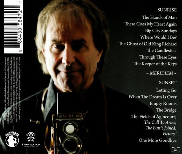 Mann mit Kamera, Album-Tracklist rechts. Dunkler Hintergrund. Text auf Englisch.