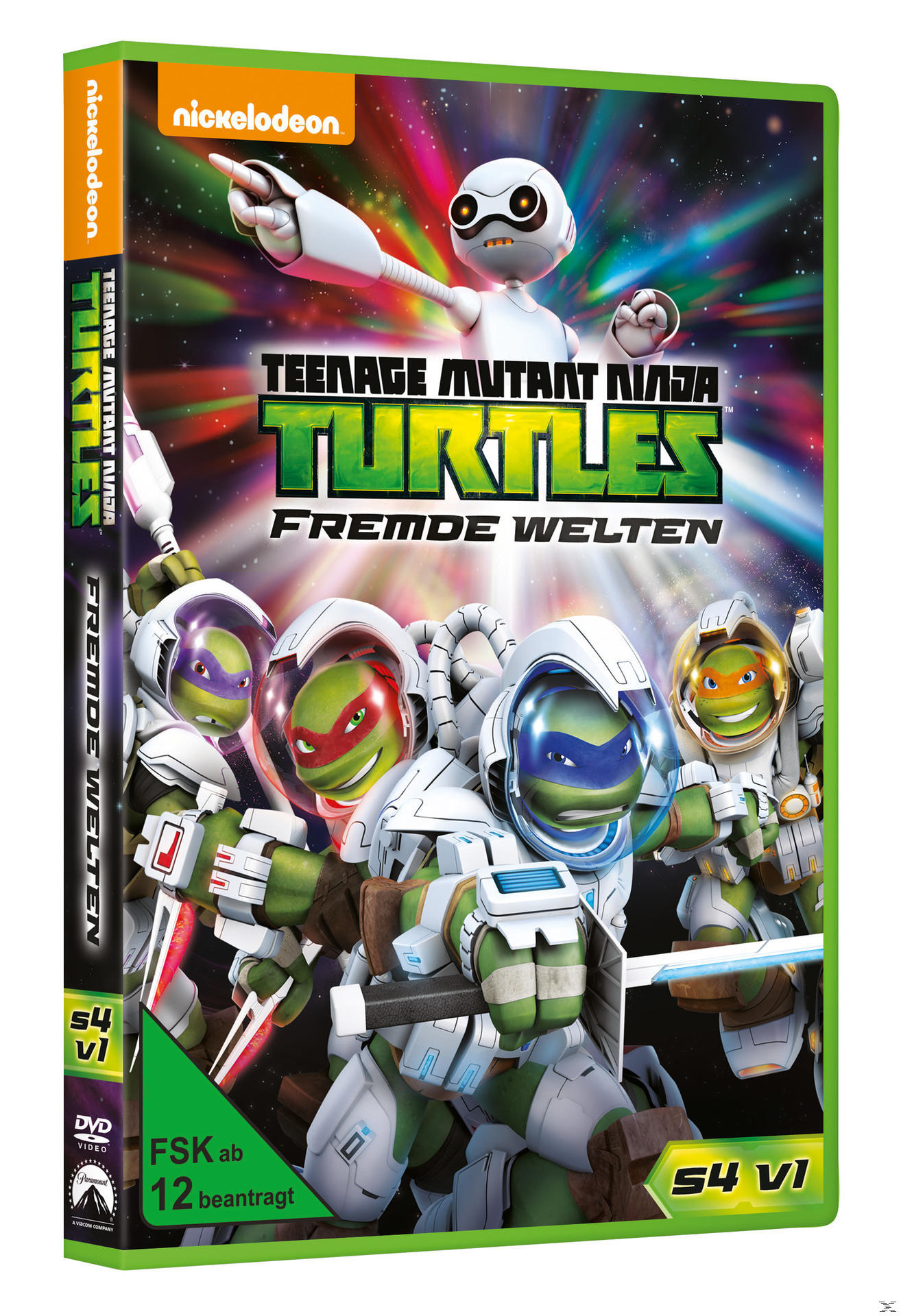 Teenage Mutant Ninja Turtles DVD-Cover. Charaktere in Raumanzügen. Grün und Orange.
