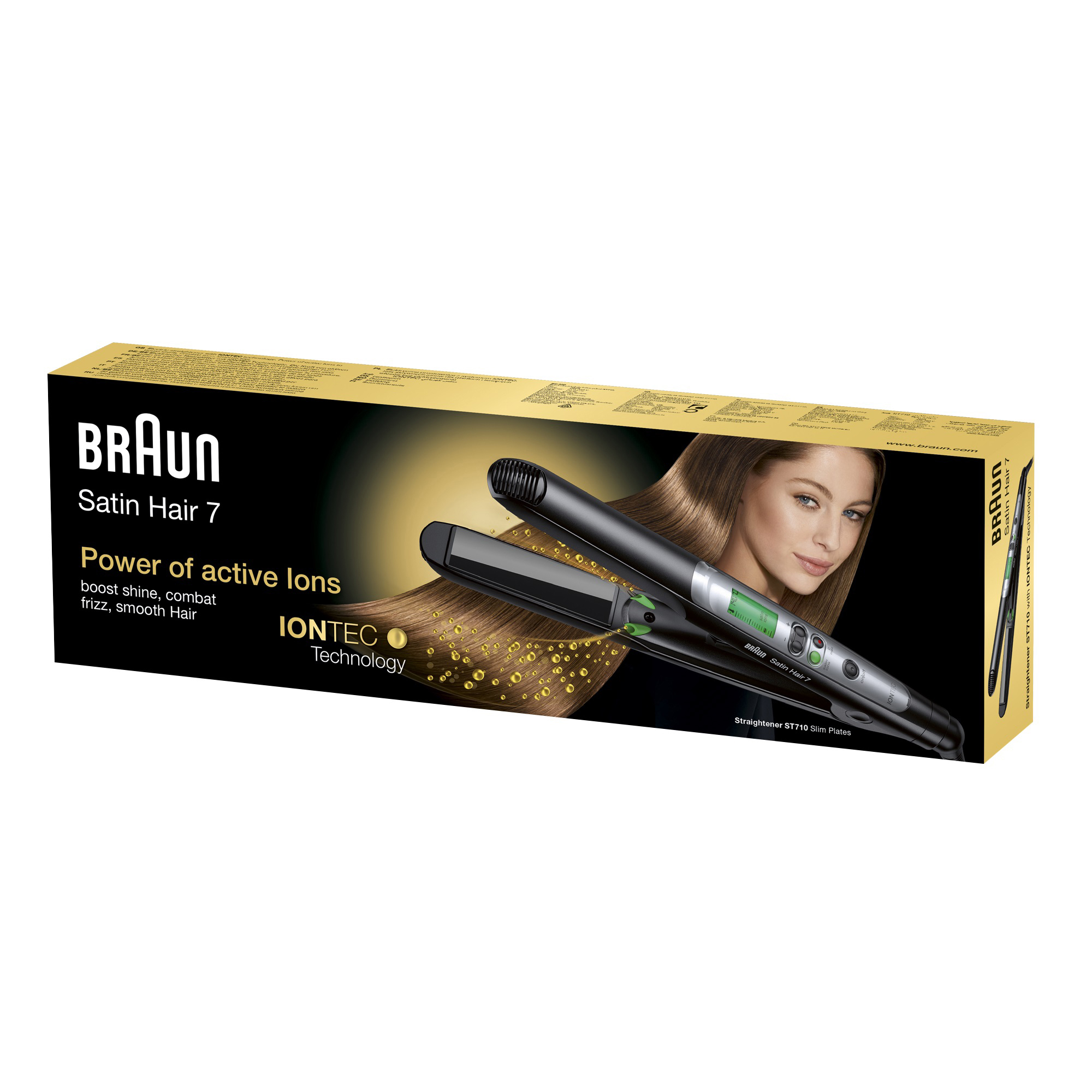 Eine Schachtel mit Braun Satin Hair 7 Haarglätter. Eine Frau ist auf der Schachtel.