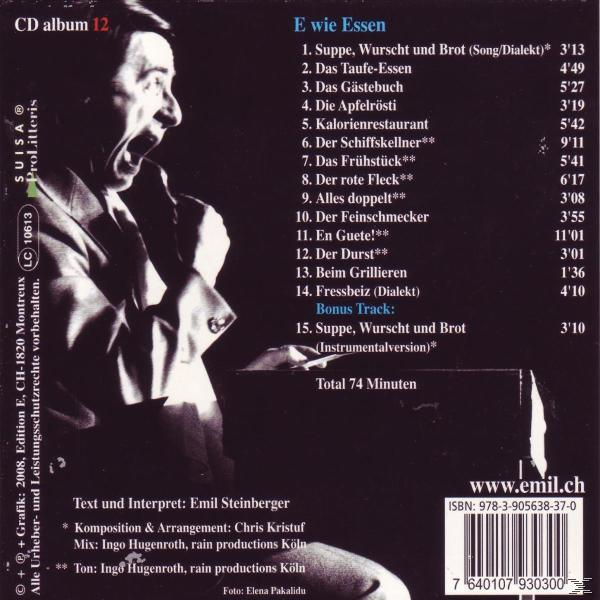 Rückseite einer CD mit deutschem Text. Der Titel der CD lautet "E wie Essen", mit einer Titelliste.