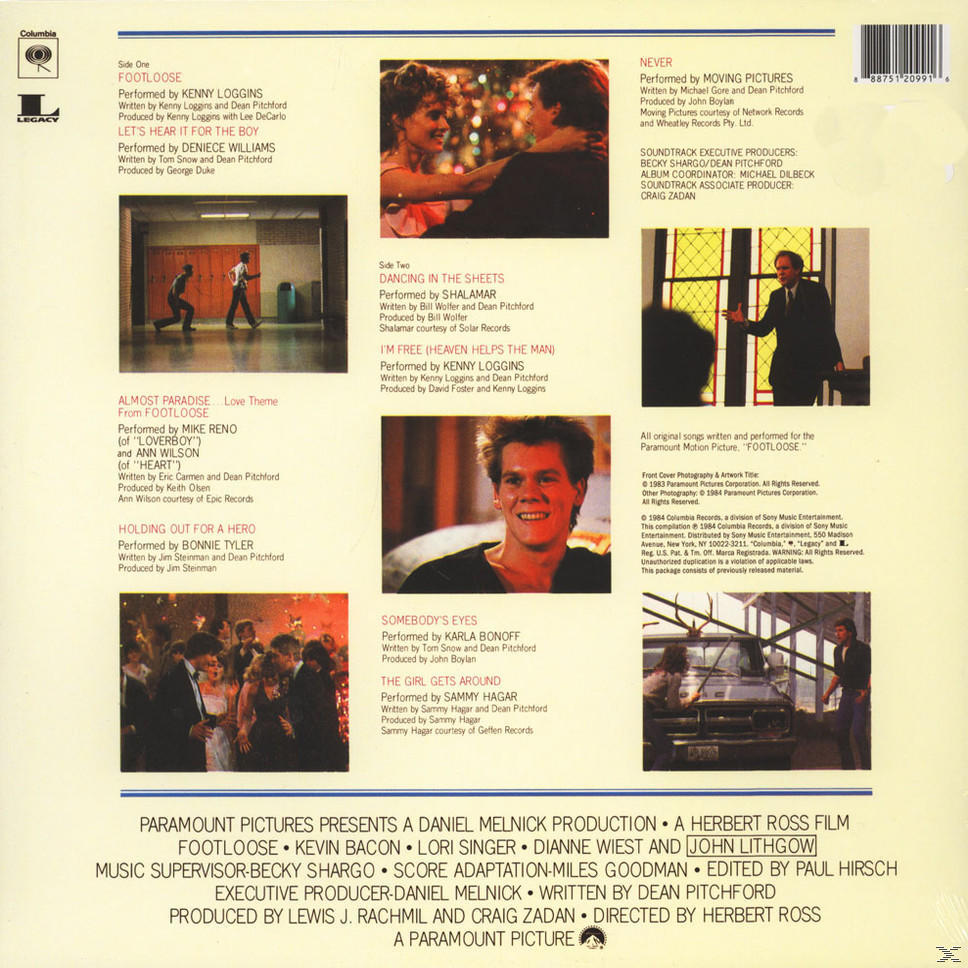 Egy filmzenei album hátlapja. A 'Footloose' film jeleneteinek képeit és szöveget tartalmaz.