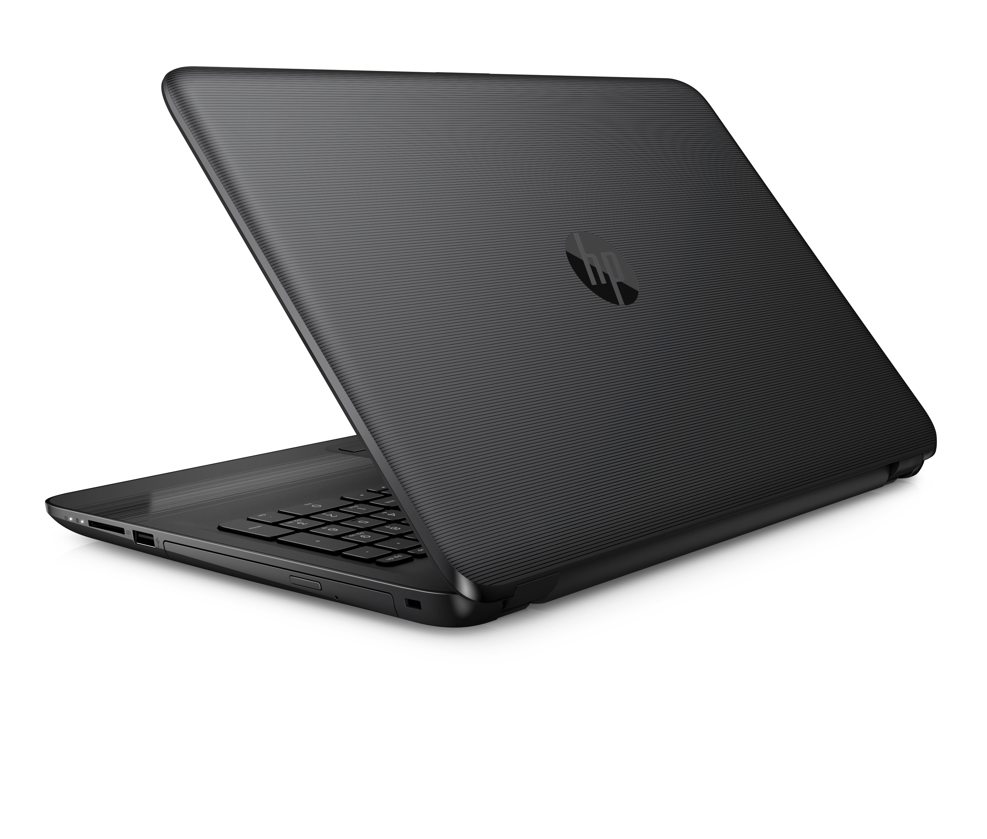 Schwarzer Laptop mit strukturierter Oberfläche auf weißem Grund.