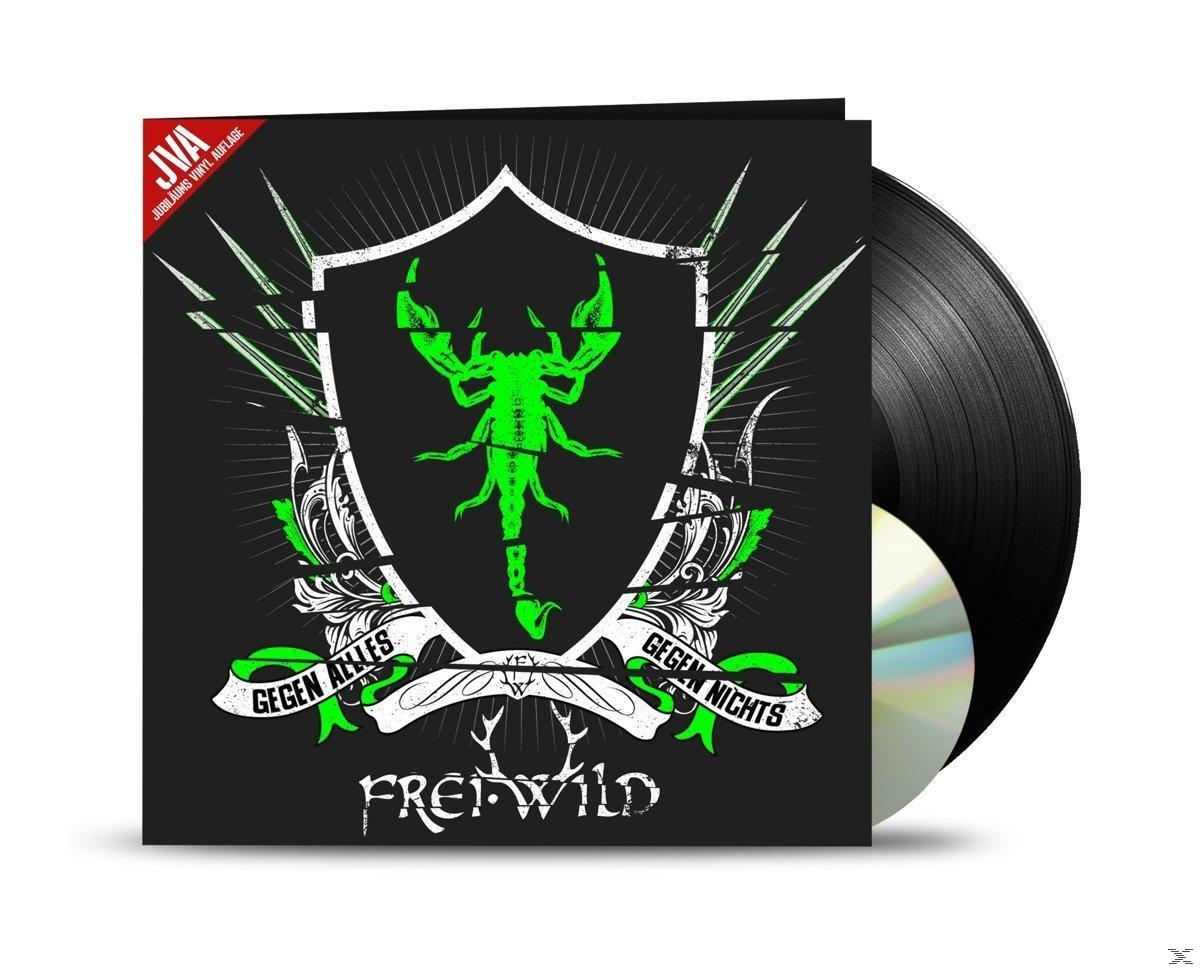 Albumcover mit einer schwarzen Schallplatte und CD. Das Bild zeigt einen Schild mit einem Skorpion. Text: "FREI.WILD GEGEN ALLES GEGEN NICHTS".